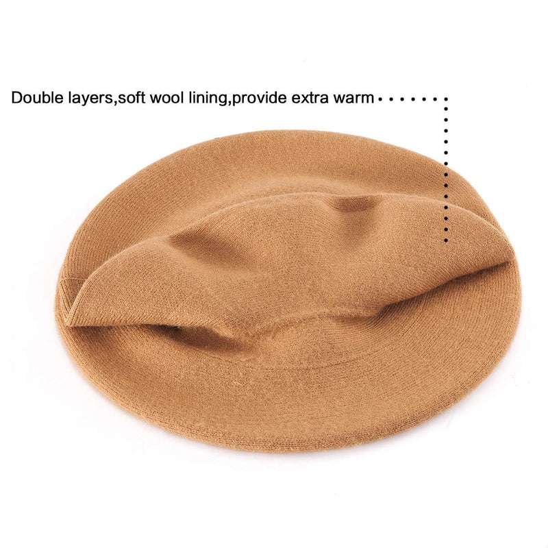LADYBRO Women Beret Hat Beanie Winter Warm Slouchy Tan Knit Cap 2 Layers Wool Blend Soft - Image 3